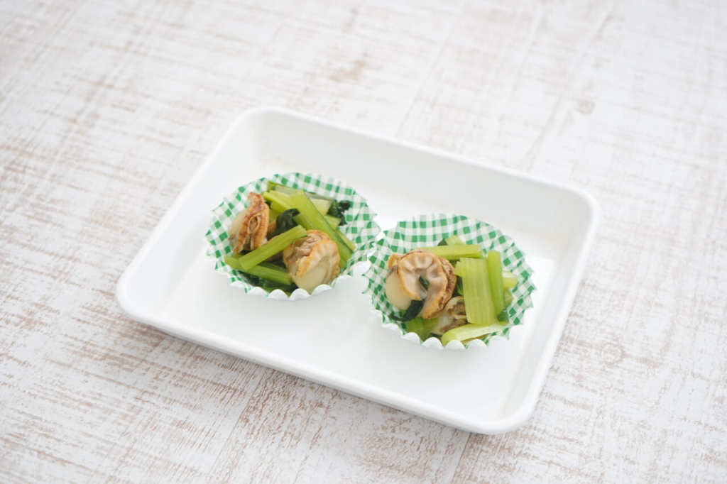 お弁当レシピ1帆立と小松菜の和え物2
