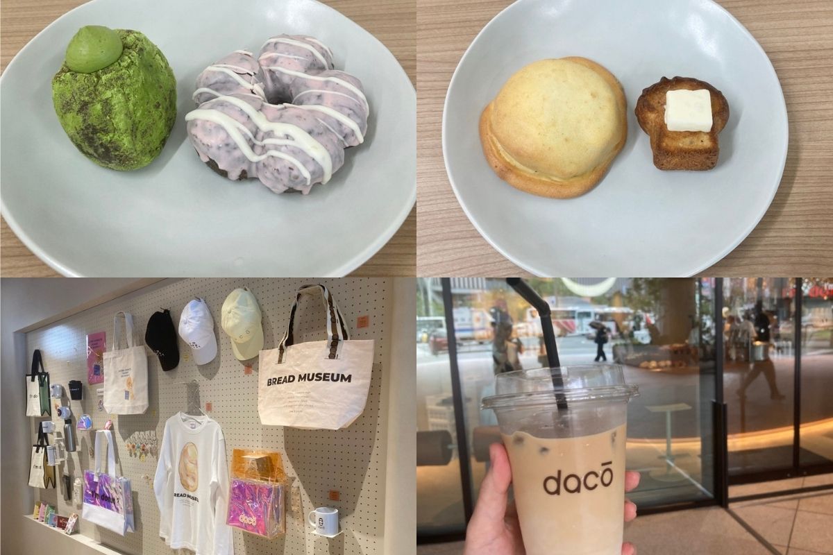 (時計回りで左上から)I'm donut?博多駅前店限定の「プレミアム抹茶クリーム」と「フラワークルーラー ストロベリー」/dacōの「生メロンパン」と「バタートースト」/dacōのオリジナルコーヒー/関連グッズ