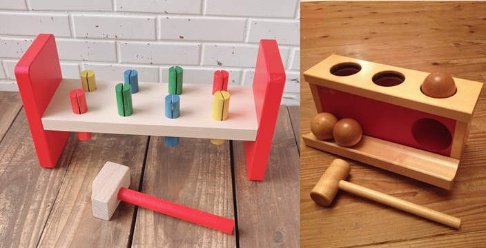 玉タイプのハンマートイ（左・ドイツ・エバート社）とペグタイプのハンマートイ（右・スウェーデン・ミッキイ社）の比較